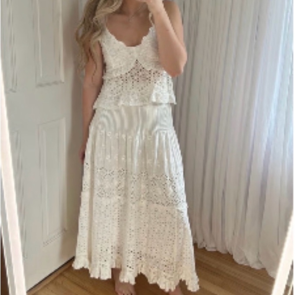 LoveShackFancy White Eyelet Midi Skirt